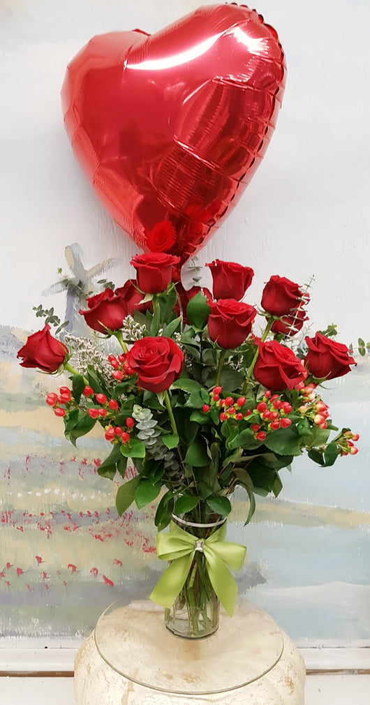 Dozen Roses with Balloon Bouquet