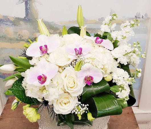Fall Season White Orchid Cube Arrangement