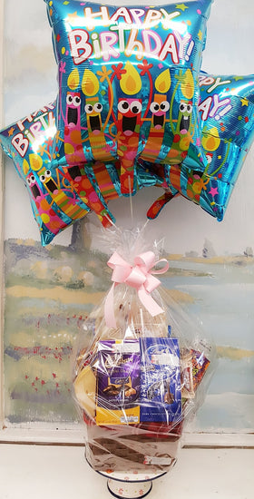 Gourmet Snack  Food Basket With Happy Birthday Balloons