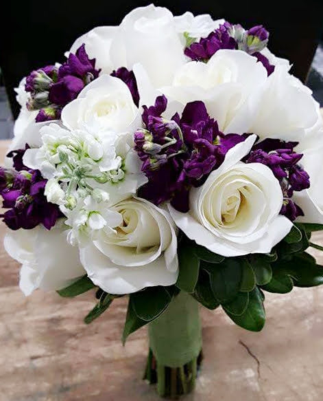 Wedding Bridal Bouquet - White with Purple – LEIBY'S FLOWER SHOP