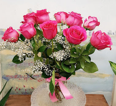 Dozen  Long Stem Hot Pink Red Rose Luxury Bouquet