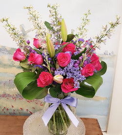 Dozen Hot Pink Rose Colorful Vase arrangement